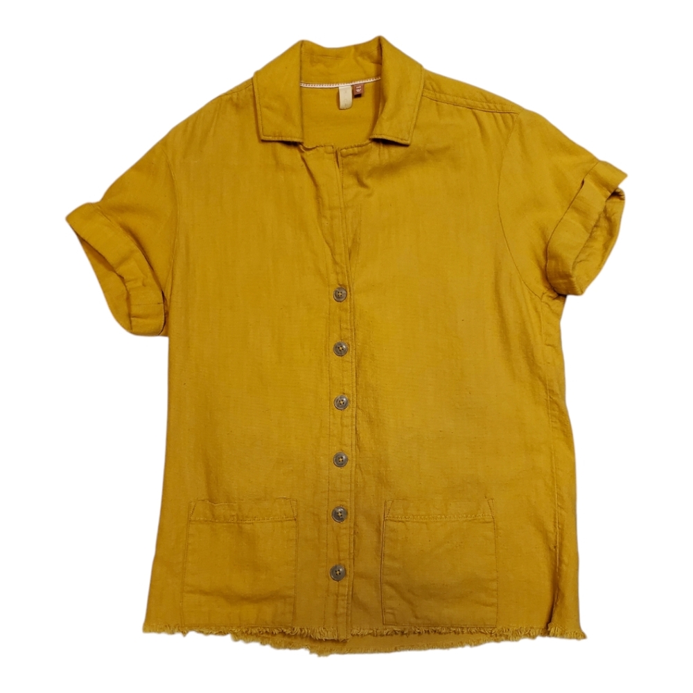 Anthropologie PILCRO Linen Button down Shirt Sz XXS Short Sleeve Distressed Hem